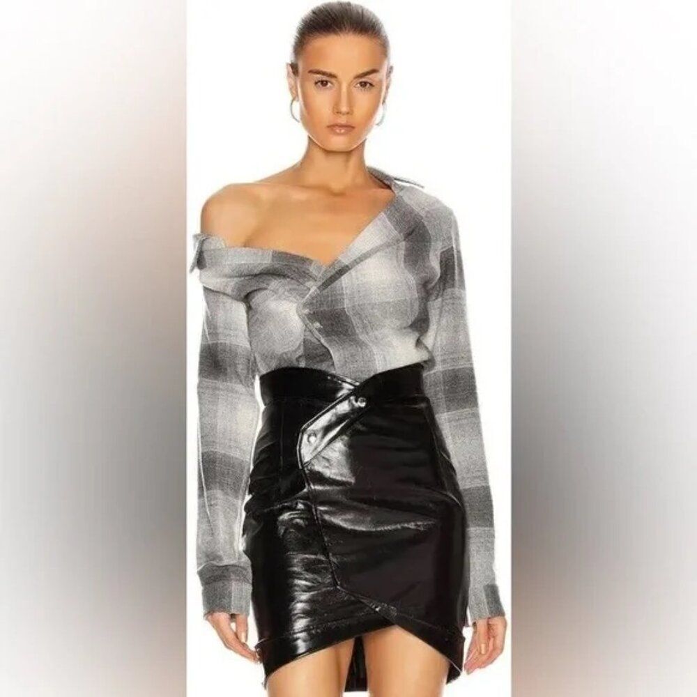RtA Lizbeth ⭐️Asymmetrical Wool flannel one shoulder wrap Top in Gray Plaid ⭐️ S